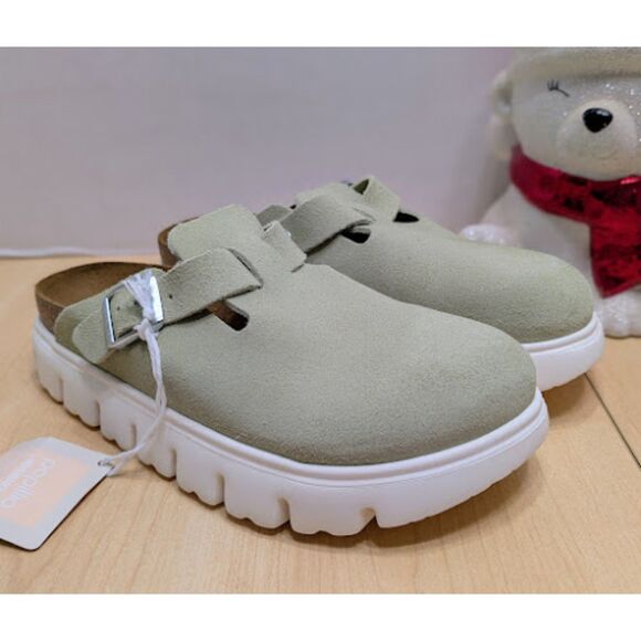 Birkenstock Papillio Boston Chunky Faded Lime Suede Leather Platform Clogs NWT - Picture 1 of 13